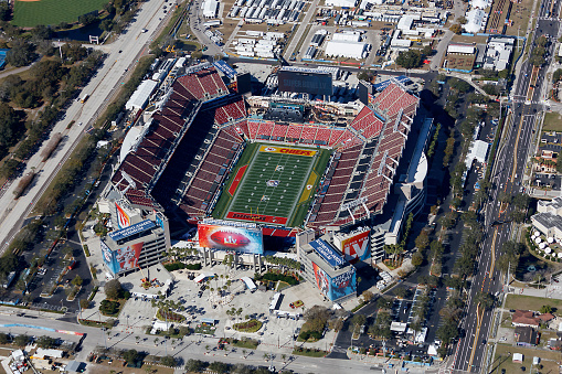 Aerial view of Raymond James Stadium Tampa, Florida home of NFL Super Bowl LV photograph taken Feb. 2 2021