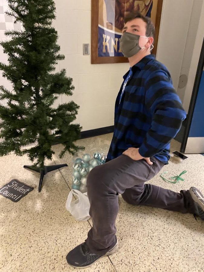 Alex Fry with Christmas tree