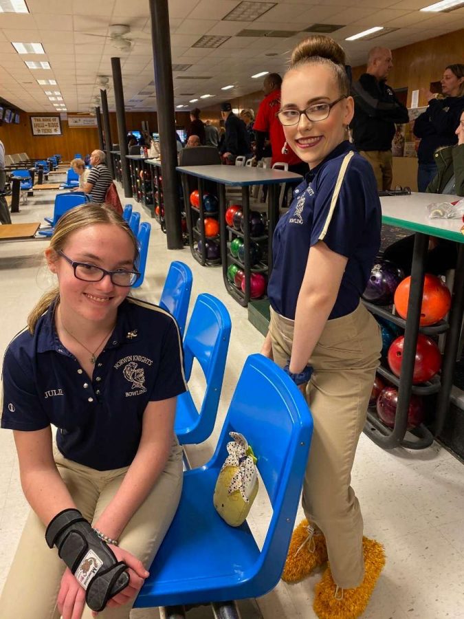 Julie Fekete and her teammate Justine Stolinski at a bowling match.  Both are seniors on the bowling team this year. 