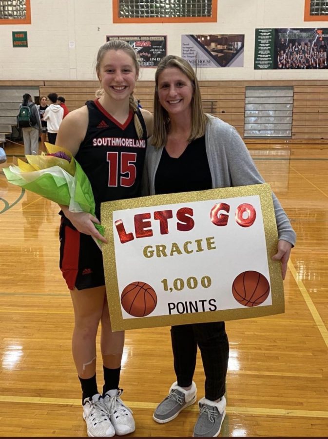 Gracie+Spadaro+and+Mrs.+Spadaro+celebrate+the++night+that+Gracie+scored+her+1000th+point+at+Southmoreland+High+School.+Her+mom+scored+1000+points+there+during+her+high+school+career.
