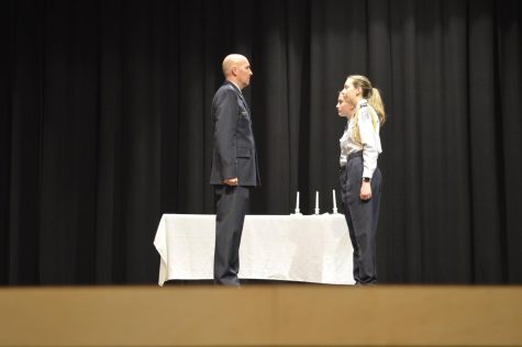 Col. David Sandala addresses 2021-22 group commander Jenna Beach and newly appointed commander for 2022-23 Alessia Sandala at JROTC Change of Command Ceremony.