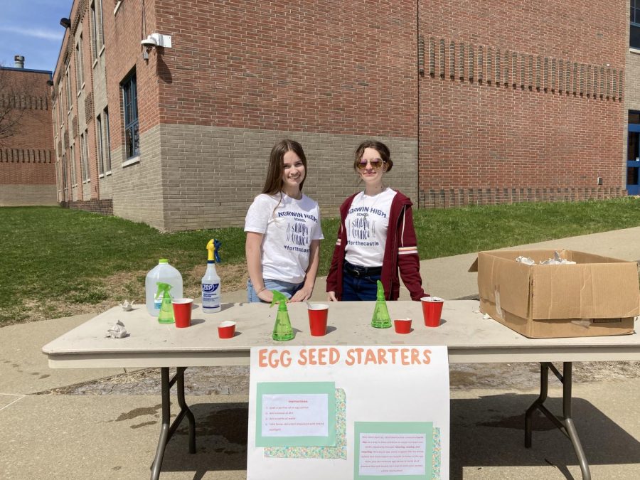 The Egg Seed Starters station. Left to right: Kailey Resnik, Natalie Bowman. Not pictured: Amanda Anticole