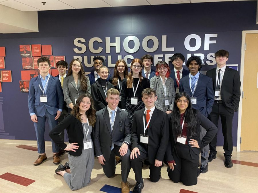 Sixteen members of the Norwin Model United Nations Club participated in the 10th Annual American University Model United Nations Conference. Top row (from left to right): Gannon Conboy, Trevor Neil, Maleah Phetsomphou, Eliezer Nicolas, Paighten Gill, Ella Kelly, Olivia Ivory, Jacob Osterberg, Paige Tokay, Rex Wu, David Shepherd, Lukas Dimitroff. Second row: Molly Geissler, Andrew Brown, Brady Johnson, and Harneet Singh.