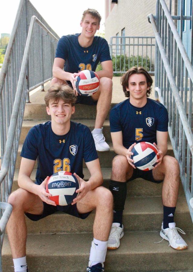 Seniors+Mike+MIhalov+%28Top+Left%29%2C+Johnny+Cinko+%28Left%29%2C+and+Tim+McCabe+%28Right%29%2C+pose+for+their+senior+volleyball+photos.