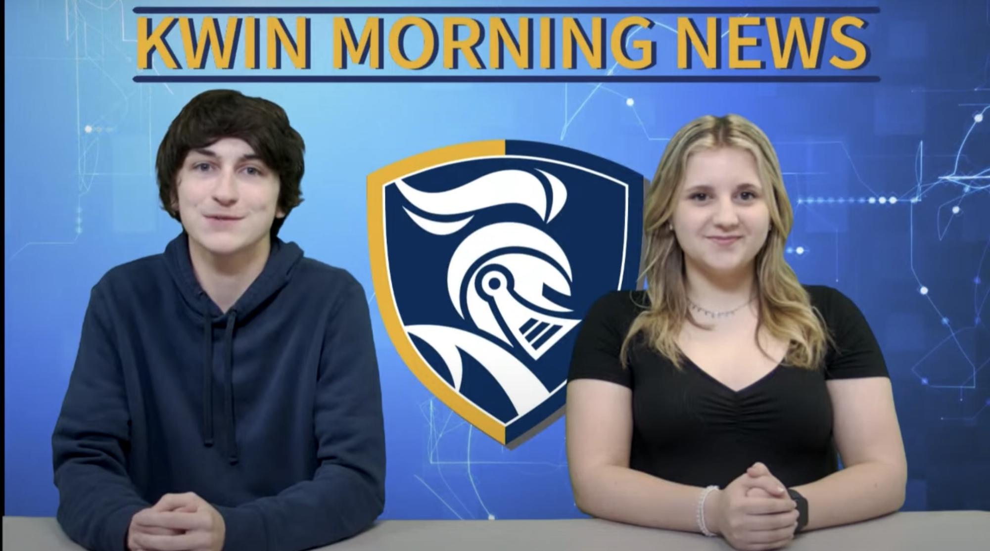 Luke Klamut (12) and Jenna Williams (12), live at the news desk on KWIN. 