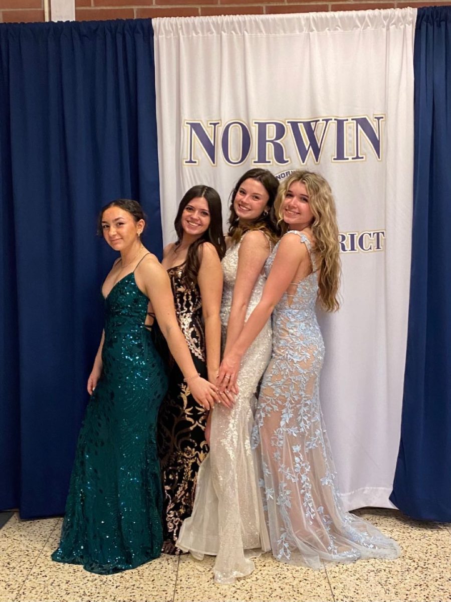 Juniors Miya Valecko, Mackenzie Wray, Molly Geissler, and Senior Mary Mahoney model dresses for sale at the consignment. 