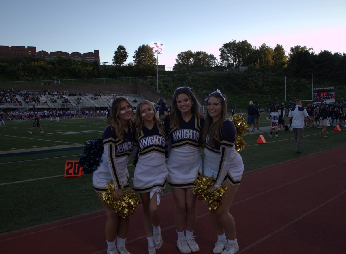 The Cheerleaders stand in front of the field during a football game.