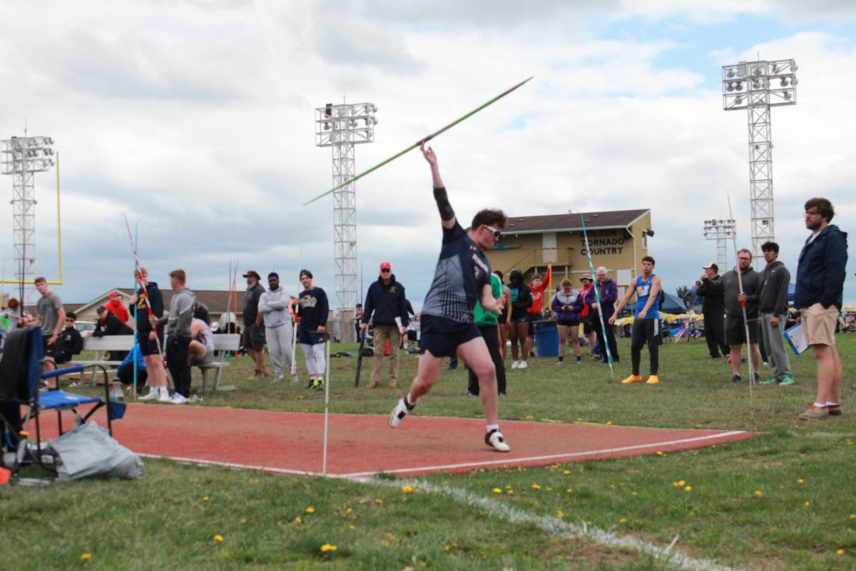 Senior Logan Irvin lets his javelin fly in hopes of a good mark.