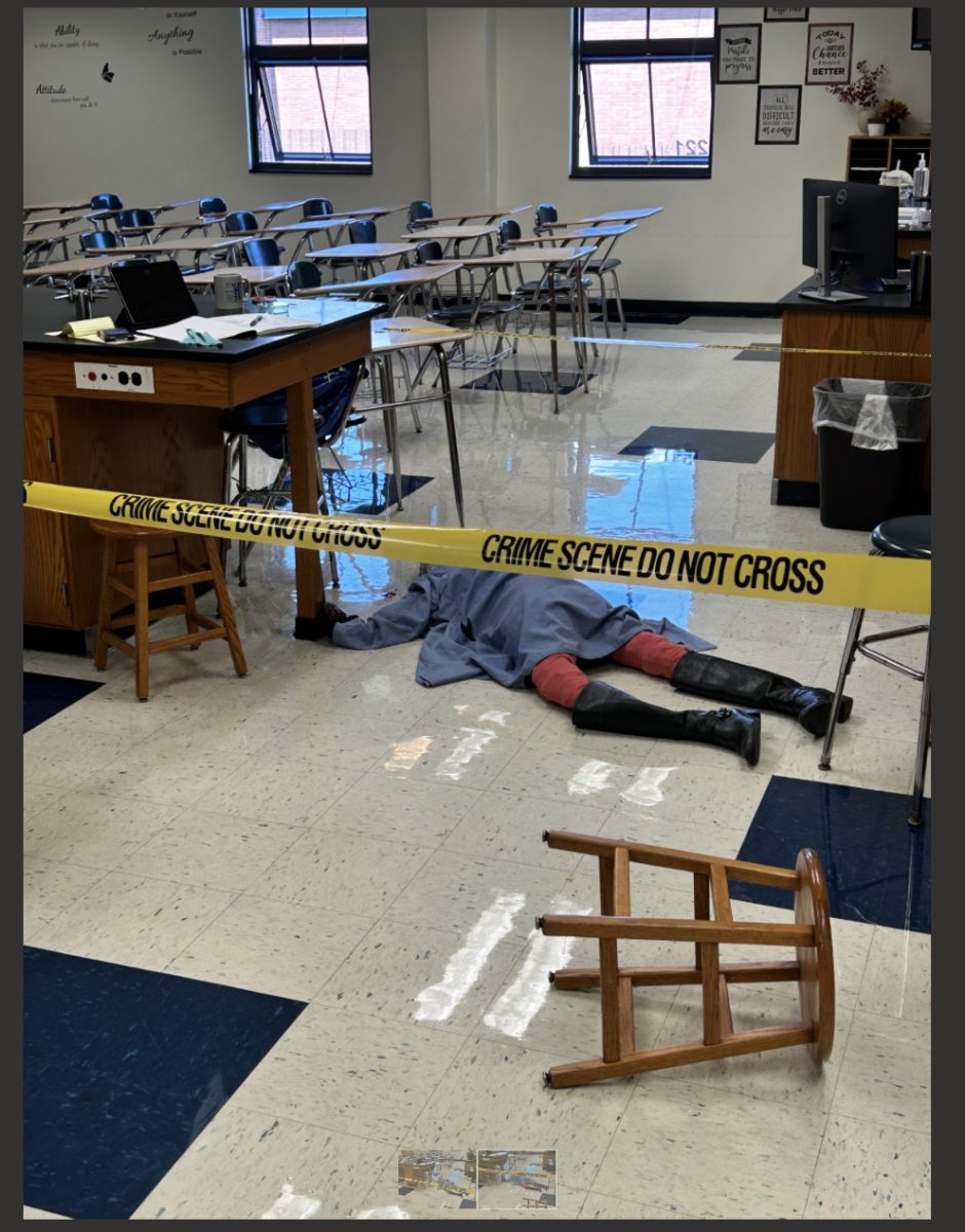 Students in Principles of Biomedical Science simulate a CSI scene while incorporating their investigative and scientific gathering skills. 