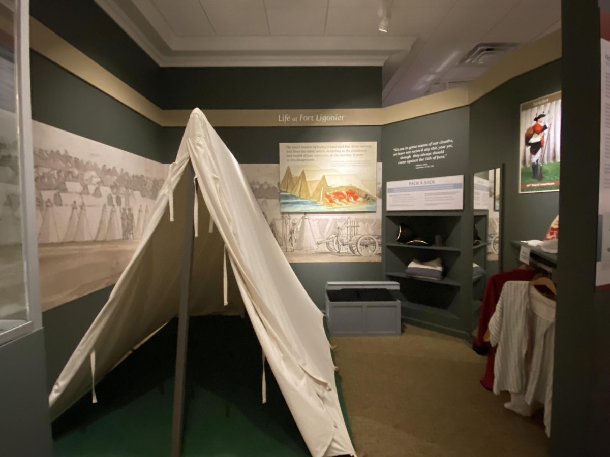 Depicted is a tent in the History Gallery of the Fort Ligonier museum like those that people in Fort Ligonier would have used. There is also images and descriptions of Fort Ligonier life on the walls.