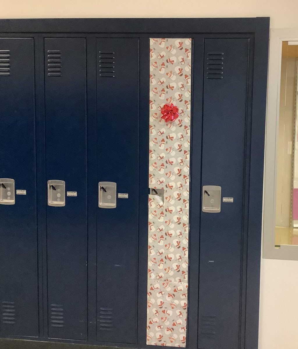 This locker was decorated in wrapping paper with a red bow.