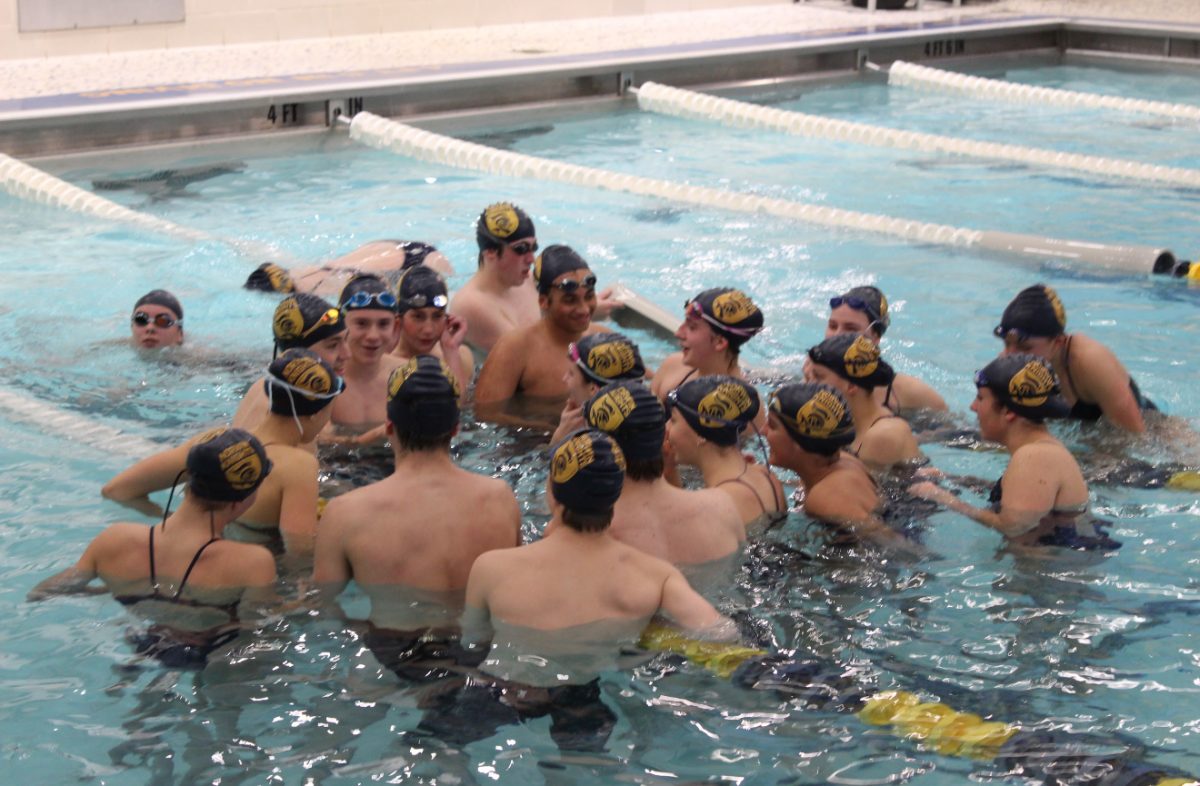 Norwin's swim team meets at the center of the pool after a meet