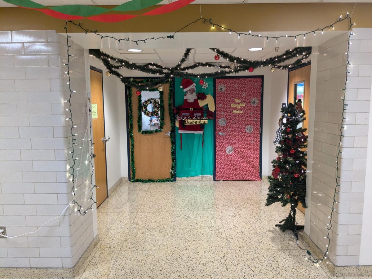 Room 217 (the door of the Krier staff) had a Santa-themed Mr. Fleckenstein playing whack-a-mole with elf-themed pictures of the Krier staff. There was also a tree, some lights, and some garland. The door itself was wrapped in red wrapping paper with some newspaper themed decorations.