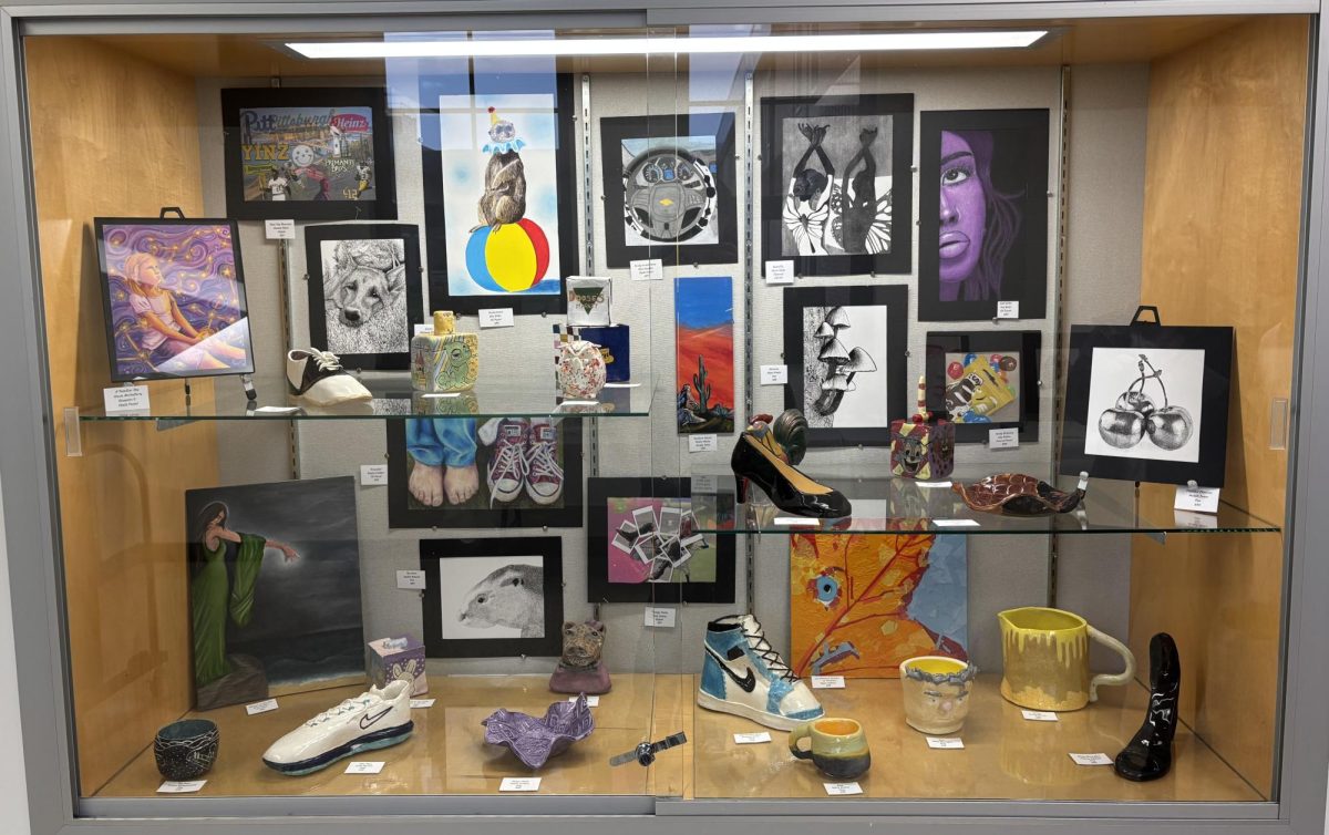 One of the many art display cases at the 2025 Senior Art Show
