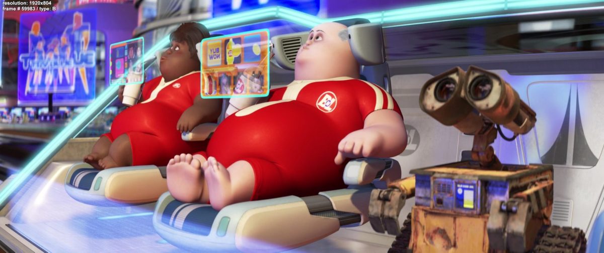 Shot from the movie Wall-E depicting a future where humans have become fully dependent on technology