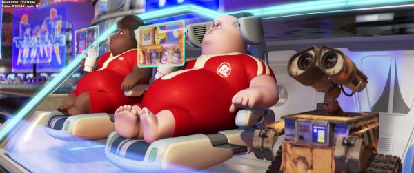 Shot from the movie Wall-E depicting a future where humans have become fully dependent on technology