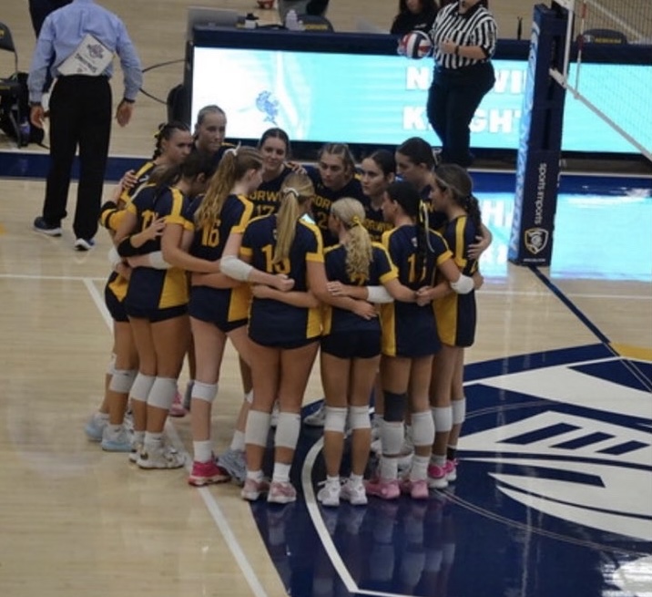 The girls volleyball team gathers right before the game begins.
