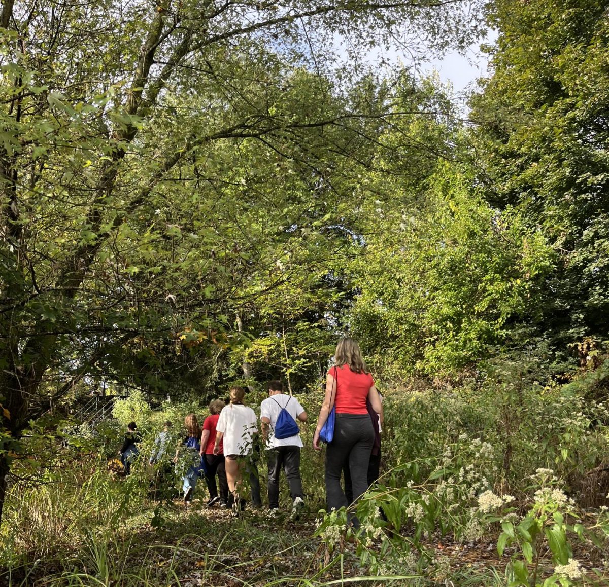 Students walk through campus in attempt to find soil for their lab experiments.