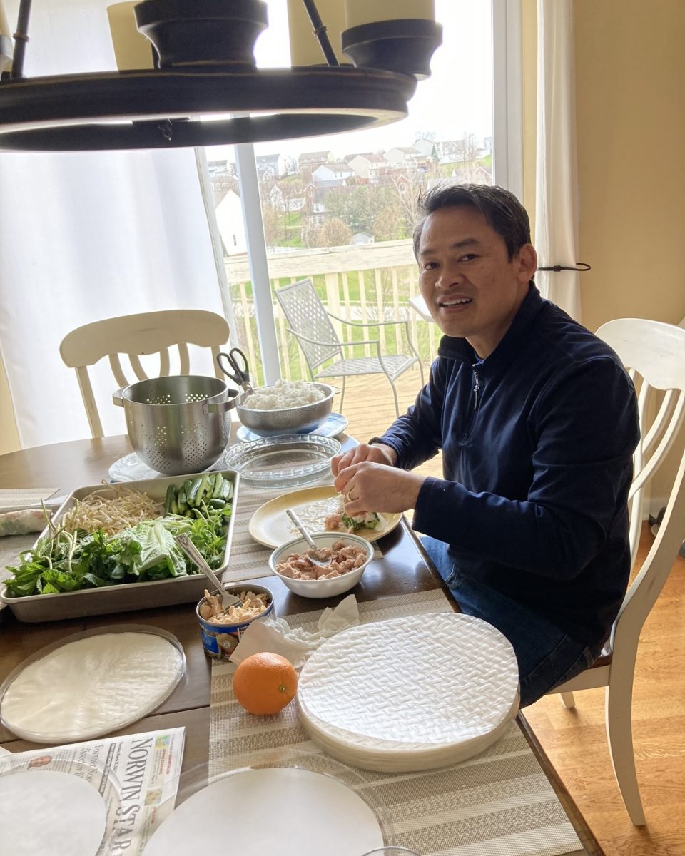 My Dad making Spring Rolls in my kitchen.