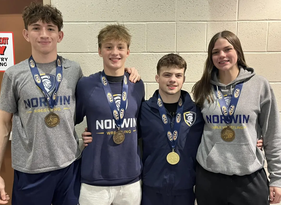 The 4 wrestlers who medaled at the state championship. (From left to right: Jack White, Nathan Klingensmith, Landon Sidun, and Karsyn Champion)