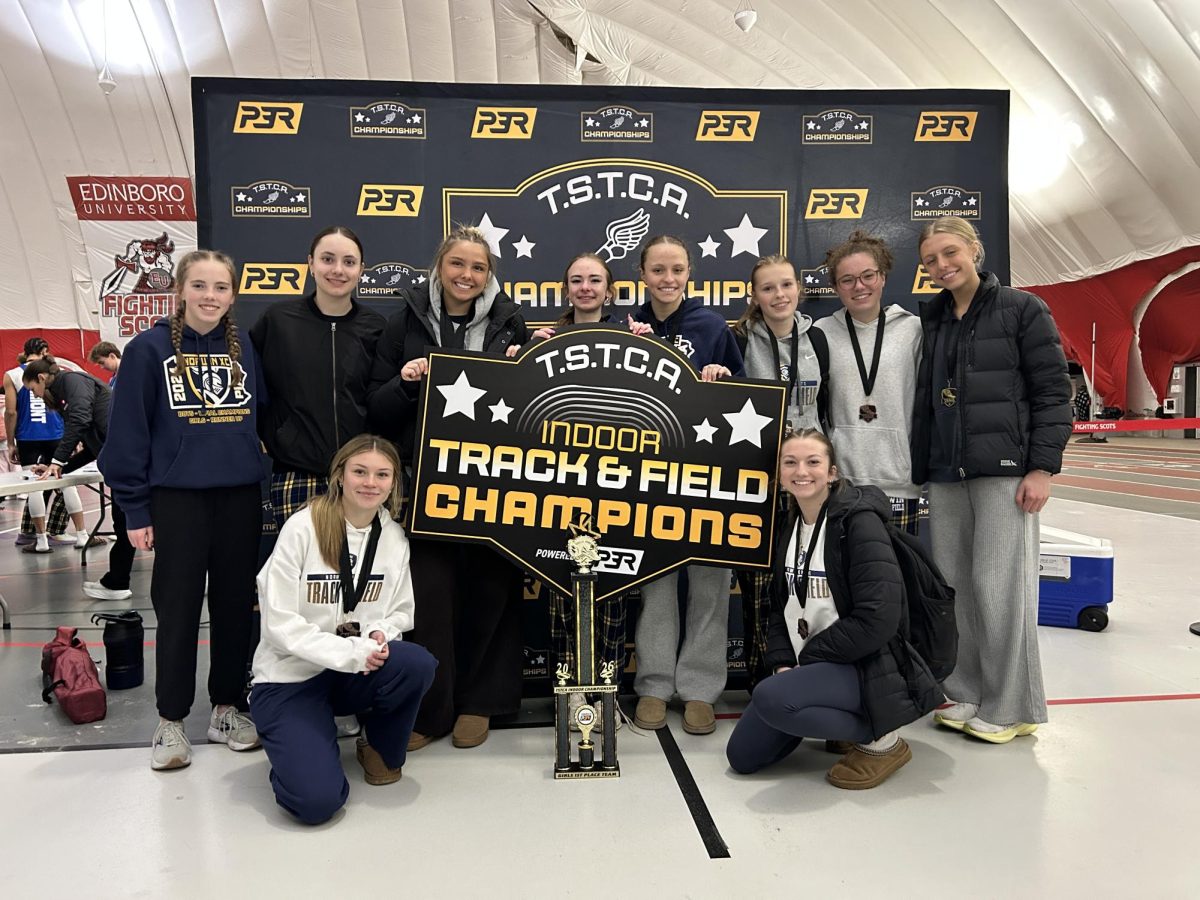 The Norwin indoor track and field girls team pose for a picture after winning the TSTCA Indoor Championship Meet 