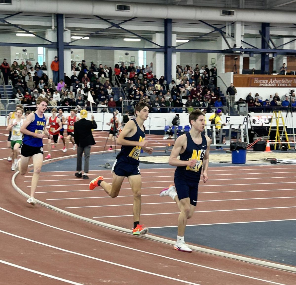 Sophomores Alex Barrett and Ben McBride take the lead in the 1st heat of the mile at PTFCA State Championship at Penn State. Barrett and McBride finished in 9th and 10th overall in the mile as sophomores, nearly medaling. 